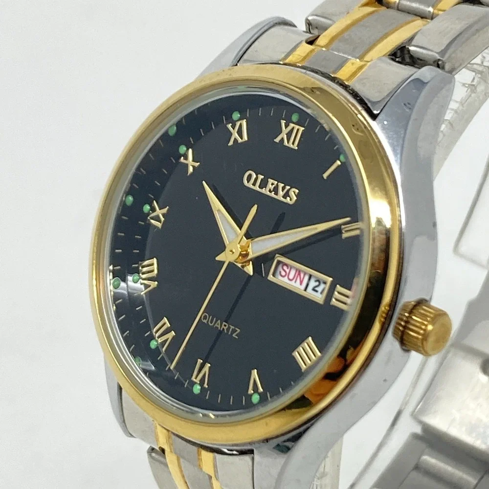 Olevs Women's Watch 29mm Silver Gold Tone Day Date Black Dial New Battery 6.25